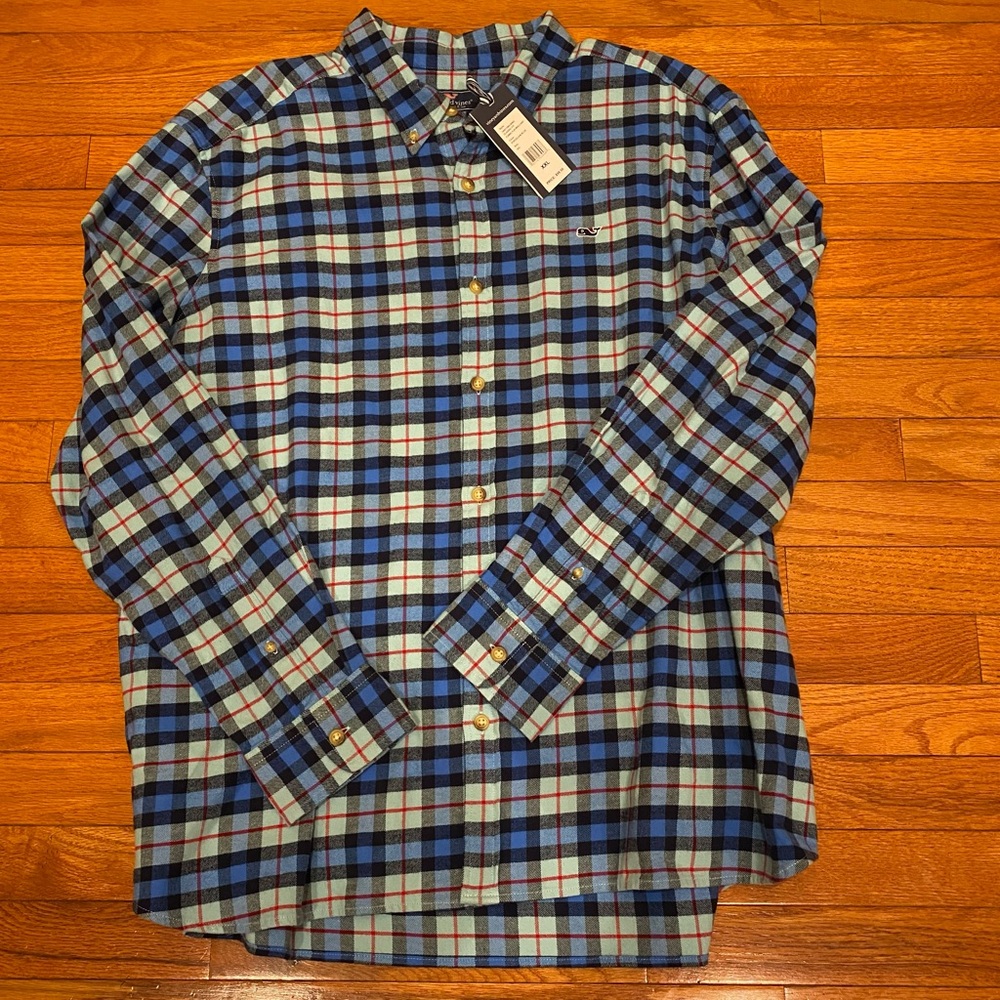 Vineyard Vines NWT classic fit blue plaid flannel whale shirt XXL